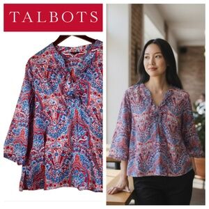 Talbots Sz 2X XXL 18 20 Top Tunic Shirt Red Blue Paisley Floral Ruffle